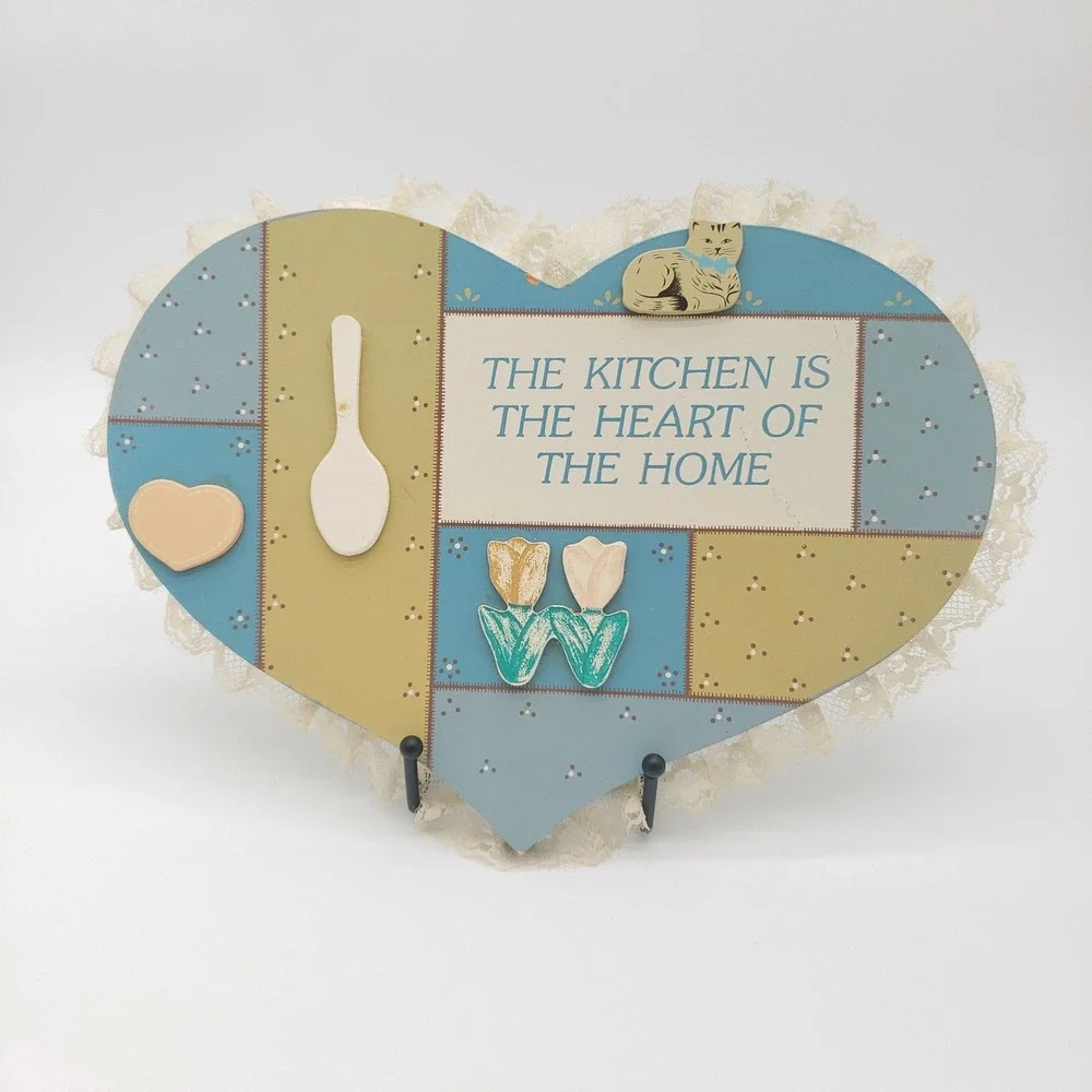 Vintage Cottagecore Heart Wood Kitchen Sign Lace Trim Cat Farmhouse Wall Decor